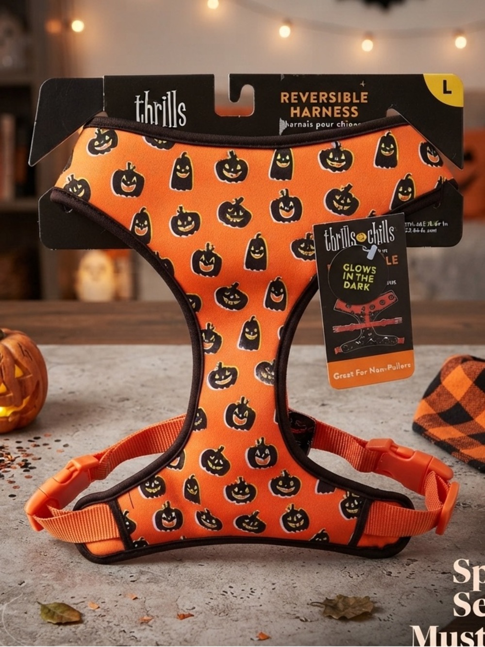 Thrills & Chills Reversible Glow in Dark Halloween Harness Moon Pumpkins